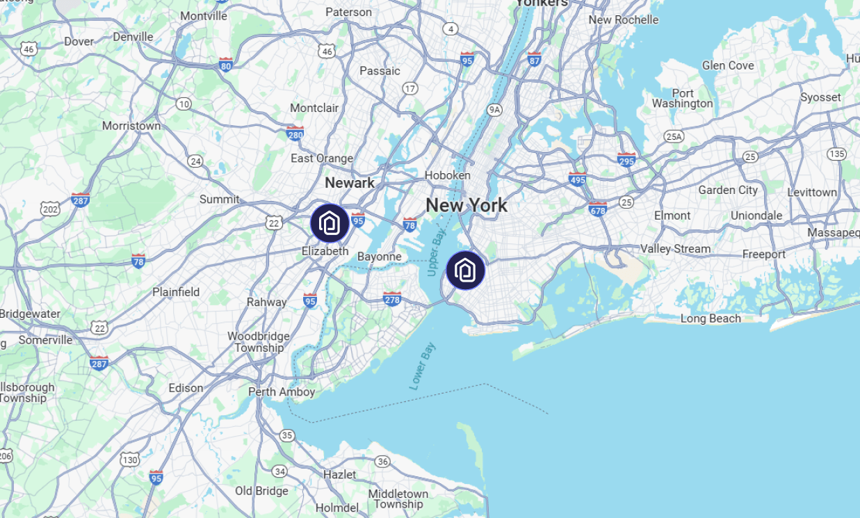 A map of the New York City area, highlighting two marked locations with icons near Elizabeth and Bayonne, surrounded by major highways and waterways.