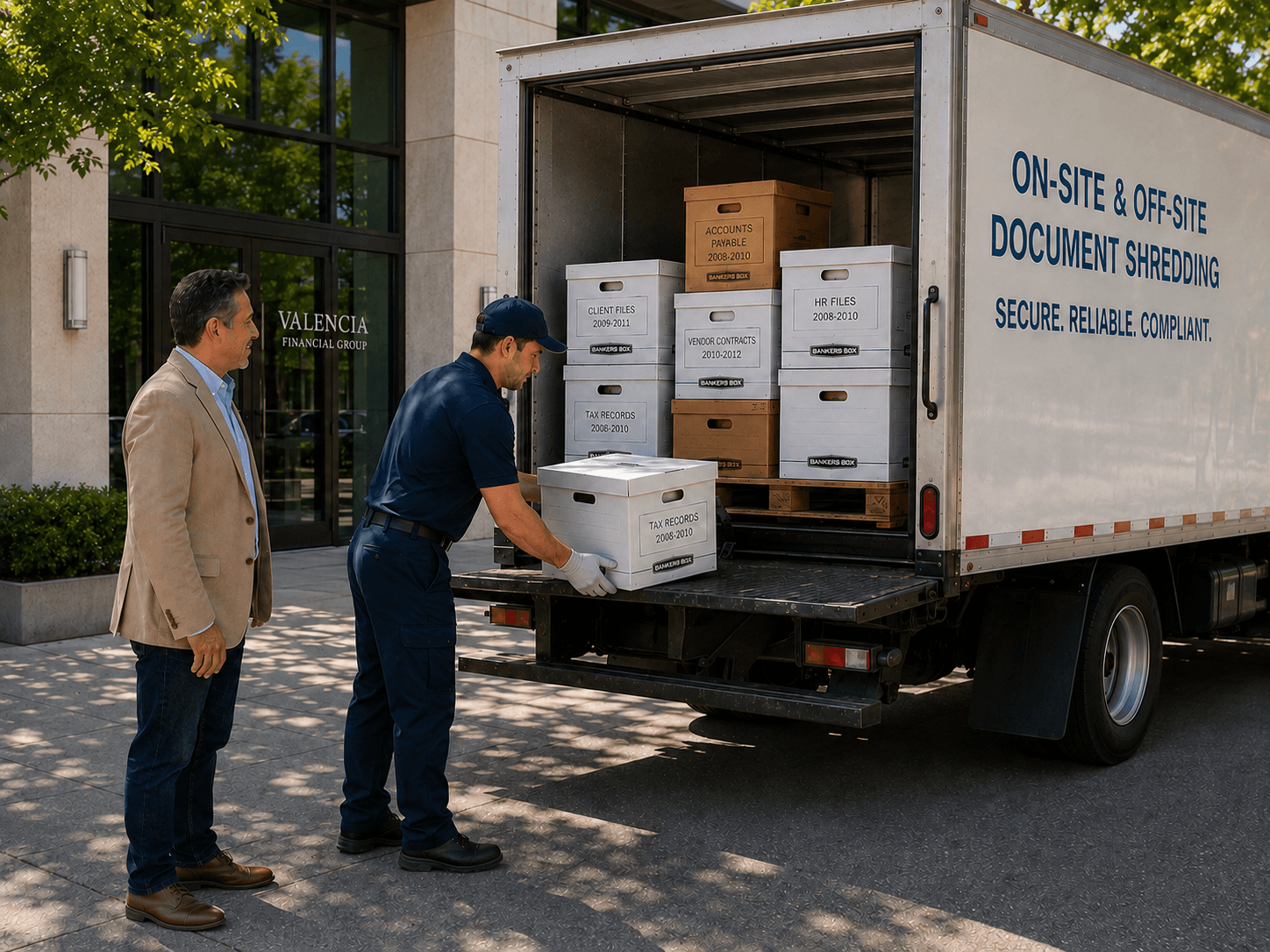 Service provider loading labeled records storage boxes into a truck for off-site document shredding and records management, with customer observing outside an office building.