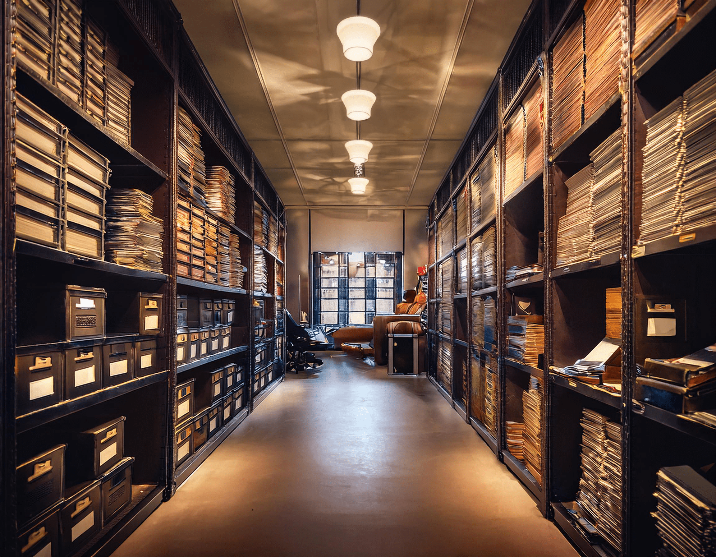 A well-organized archival room with shelves filled with boxes, folders, and documents. The room is illuminated by ceiling lights, and a person is seated at the far end near a window, suggesting a calm, focused atmosphere in a storage or research facility for arts and entertainment materials.