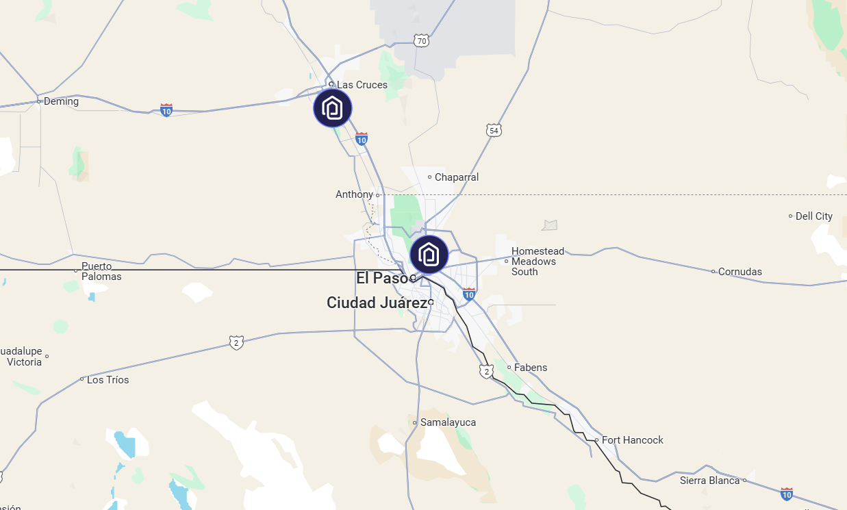 A map highlighting the El Paso and Las Cruces regions, with two marked locations represented by Annex logo icons near key urban areas and major highways.