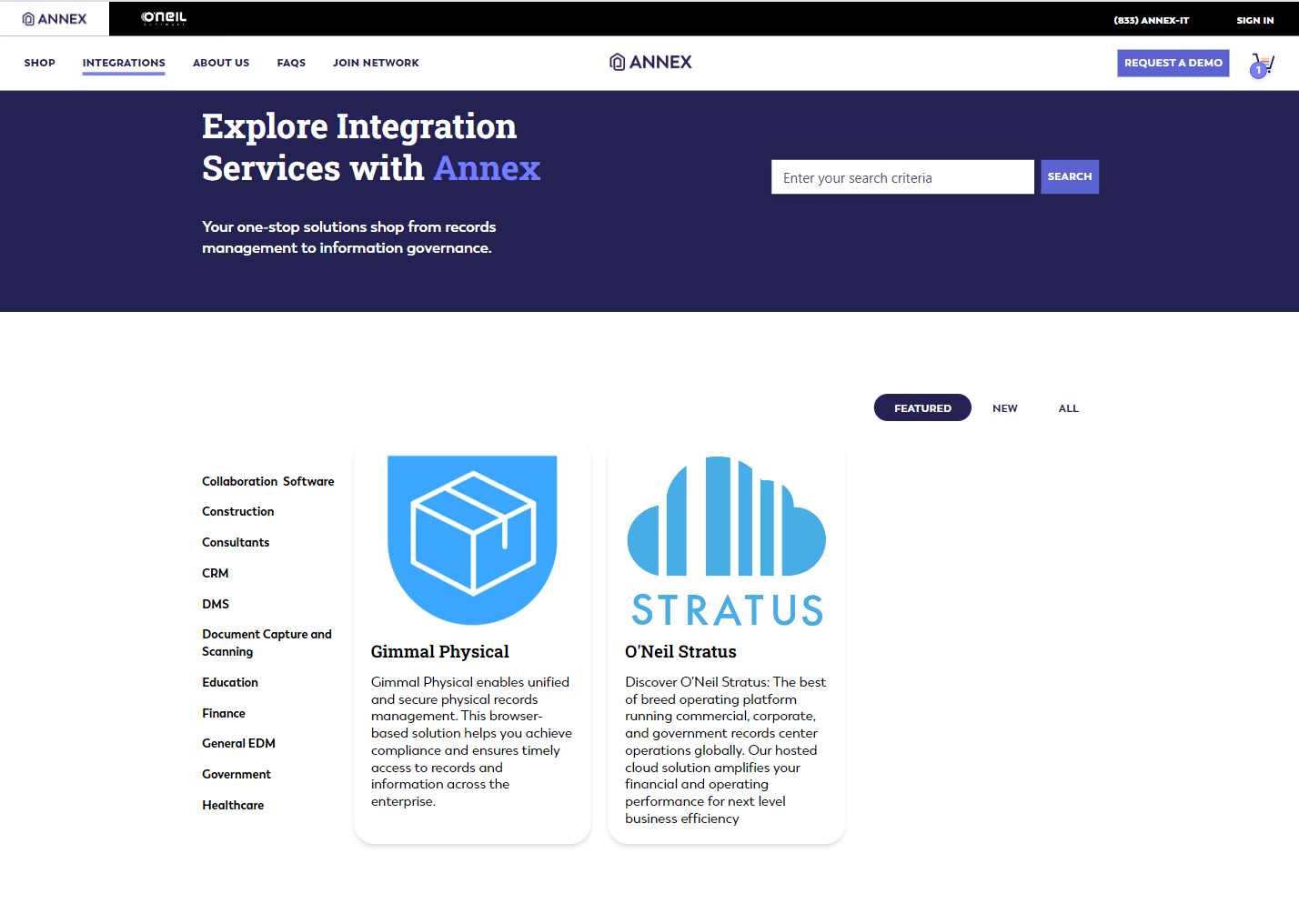Website page for Annex, highlighting integration services with sections for Gimmal Physical and O'Neil Stratus, featuring logos and descriptions.