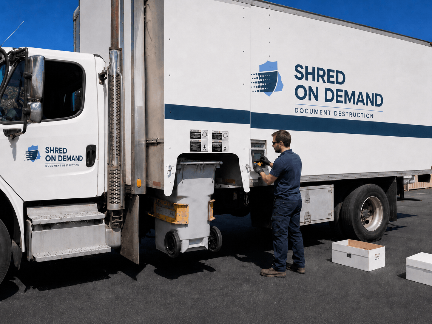 On-site mobile shredding truck labeled ‘Shred On Demand’ with operator using control panel to process a secure document shredding bin for document destruction.