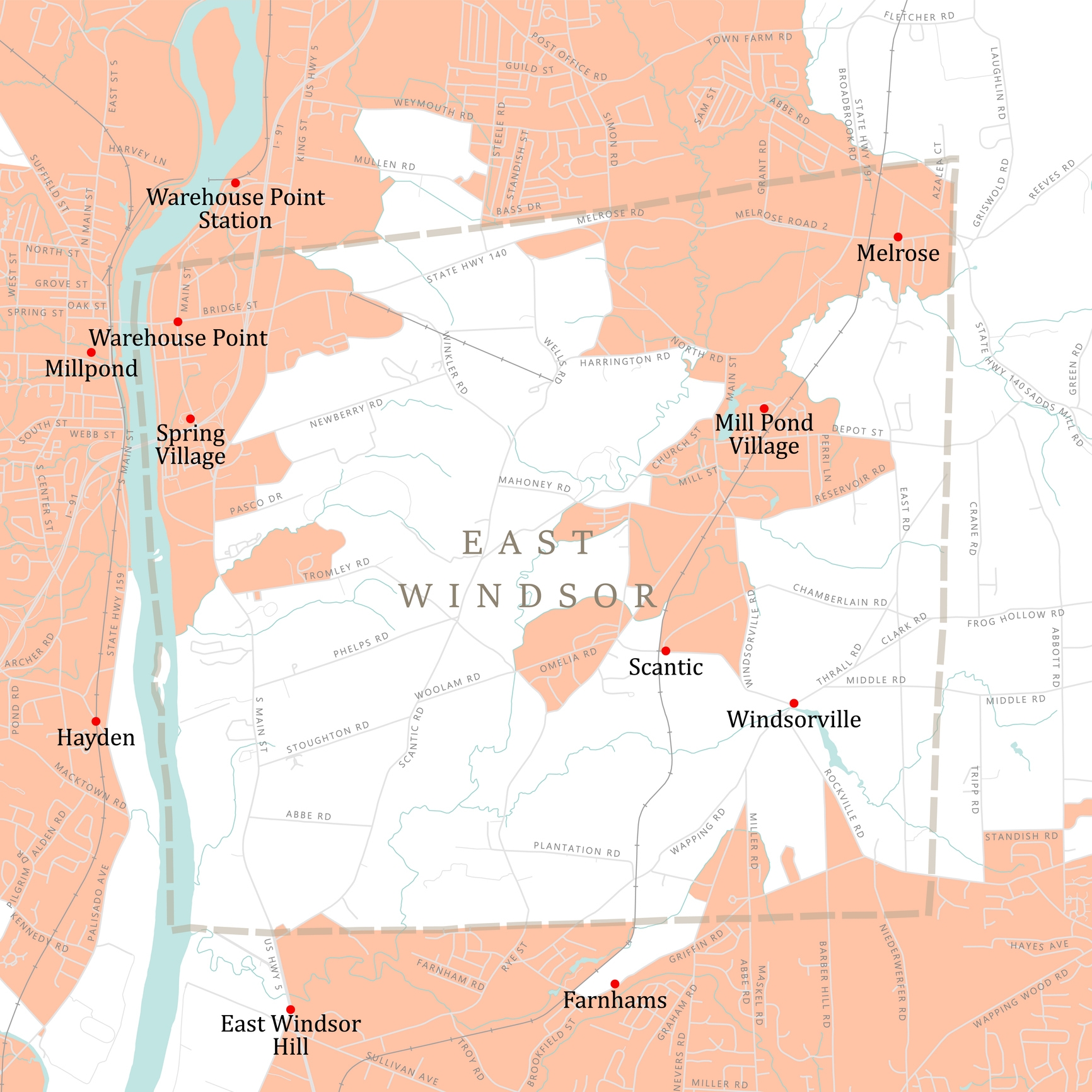 A map of East Windsor, Connecticut, highlighting key areas such as Warehouse Point, Melrose, Mill Pond Village, Scantic, and East Windsor Hill, with roads and waterways clearly marked.