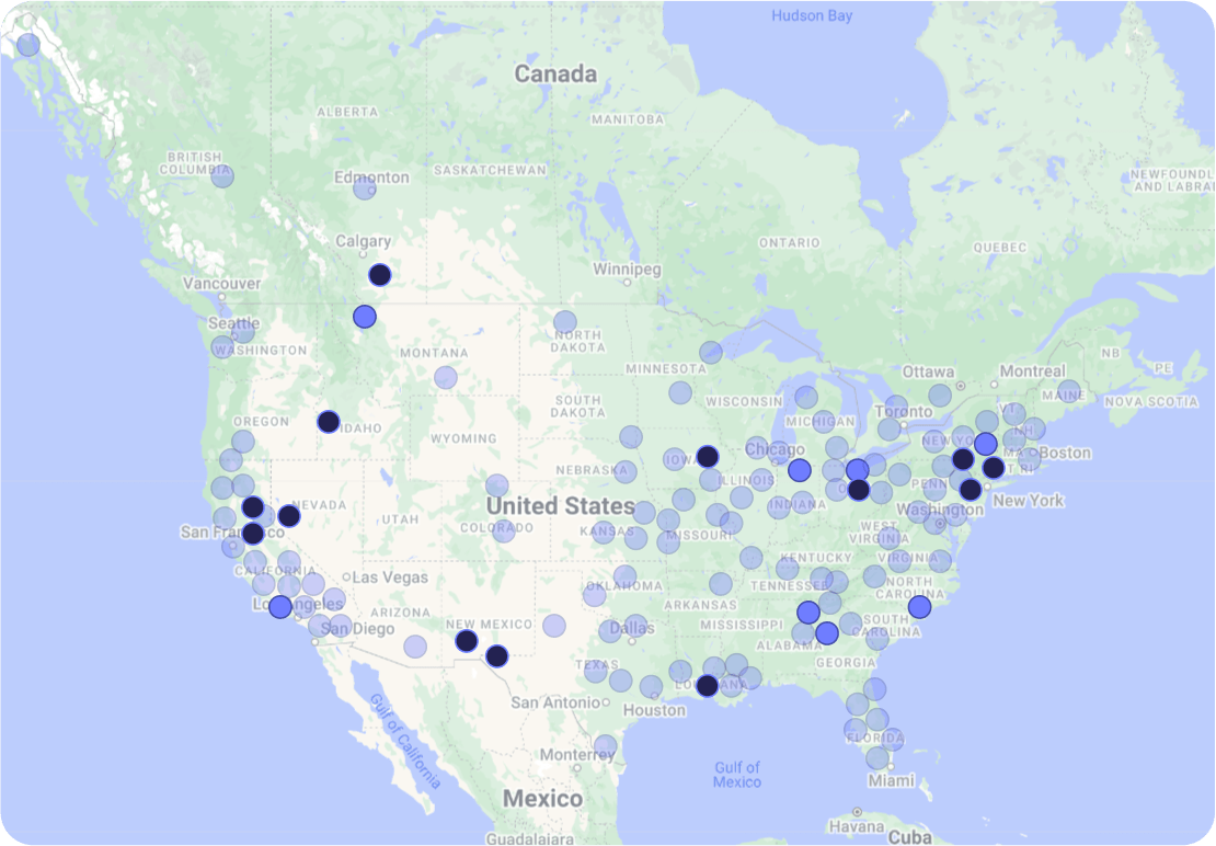 A map of North America with pins indicating locations of records storage service providers on or soon to be on the Annex platform. 