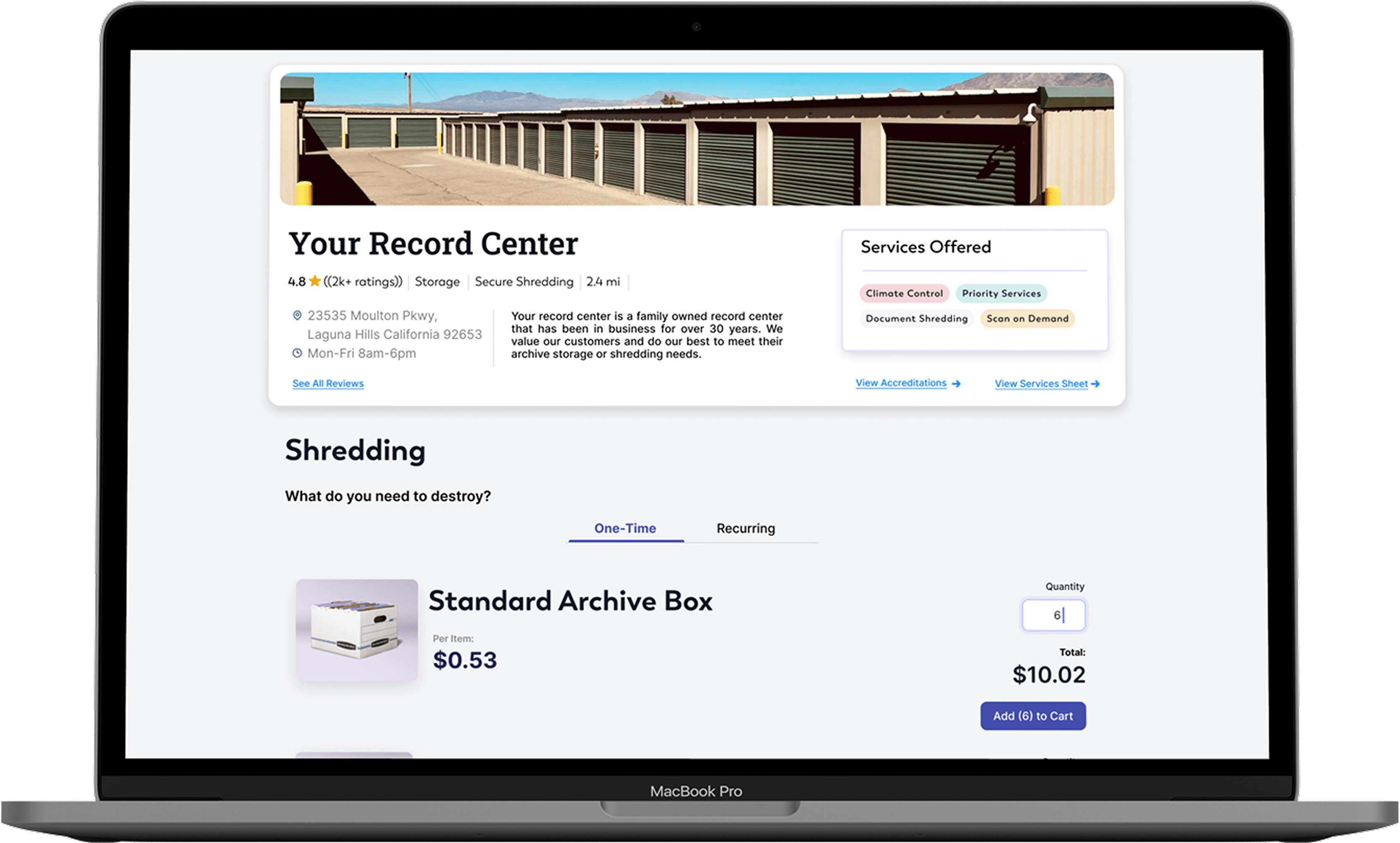 A MacBook screen displaying an Annex.com provider profile with record storage and shredding services, including pricing and an order form for shredding archive boxes.