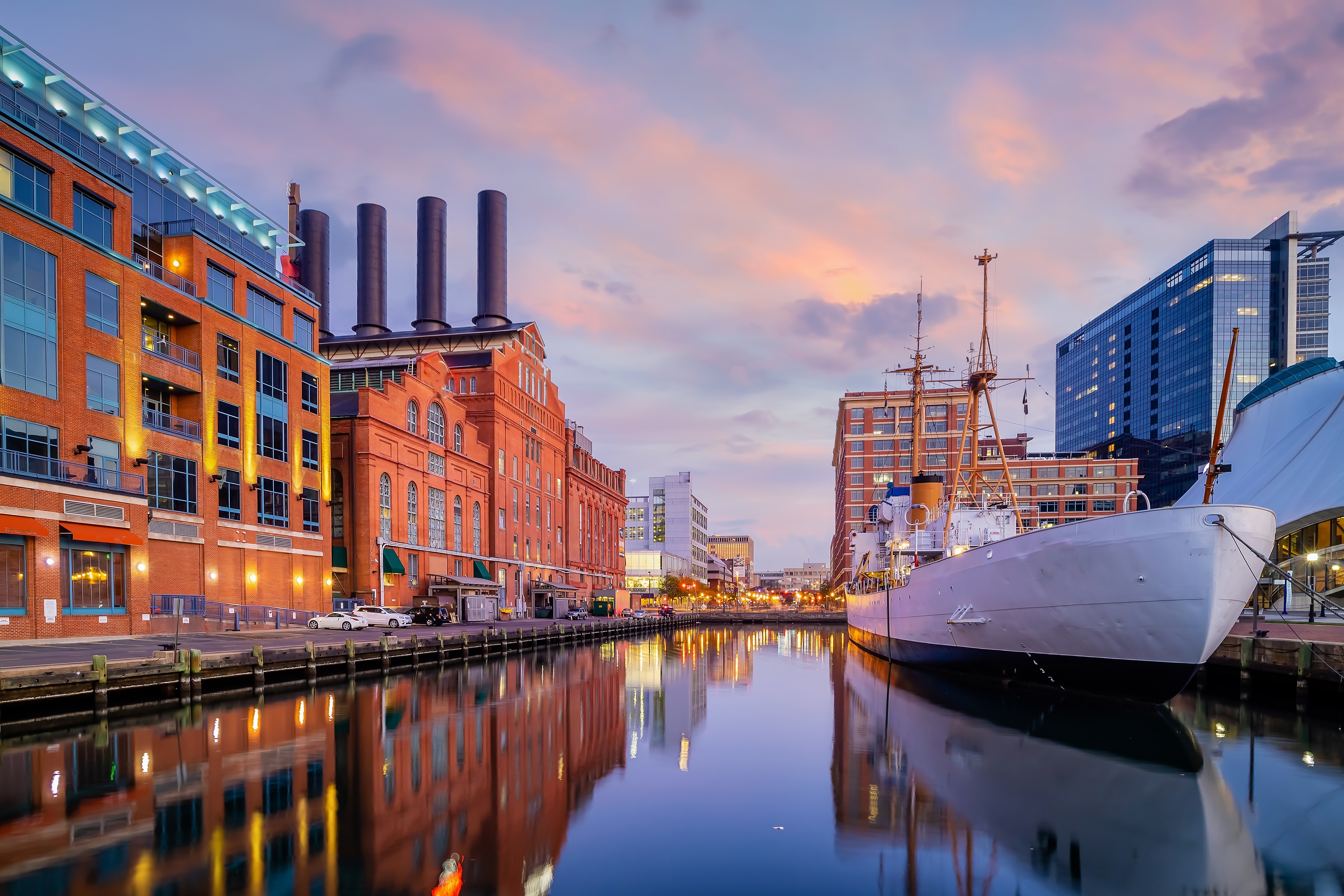 Downtown Baltimore city skyline , cityscape in Maryland USA at twilight