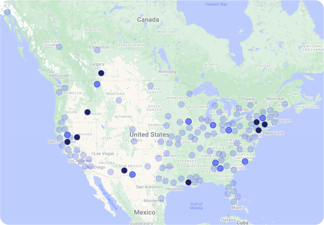 A map of North America with pins indicating locations of records storage service providers on or soon to be on the Annex platform. 