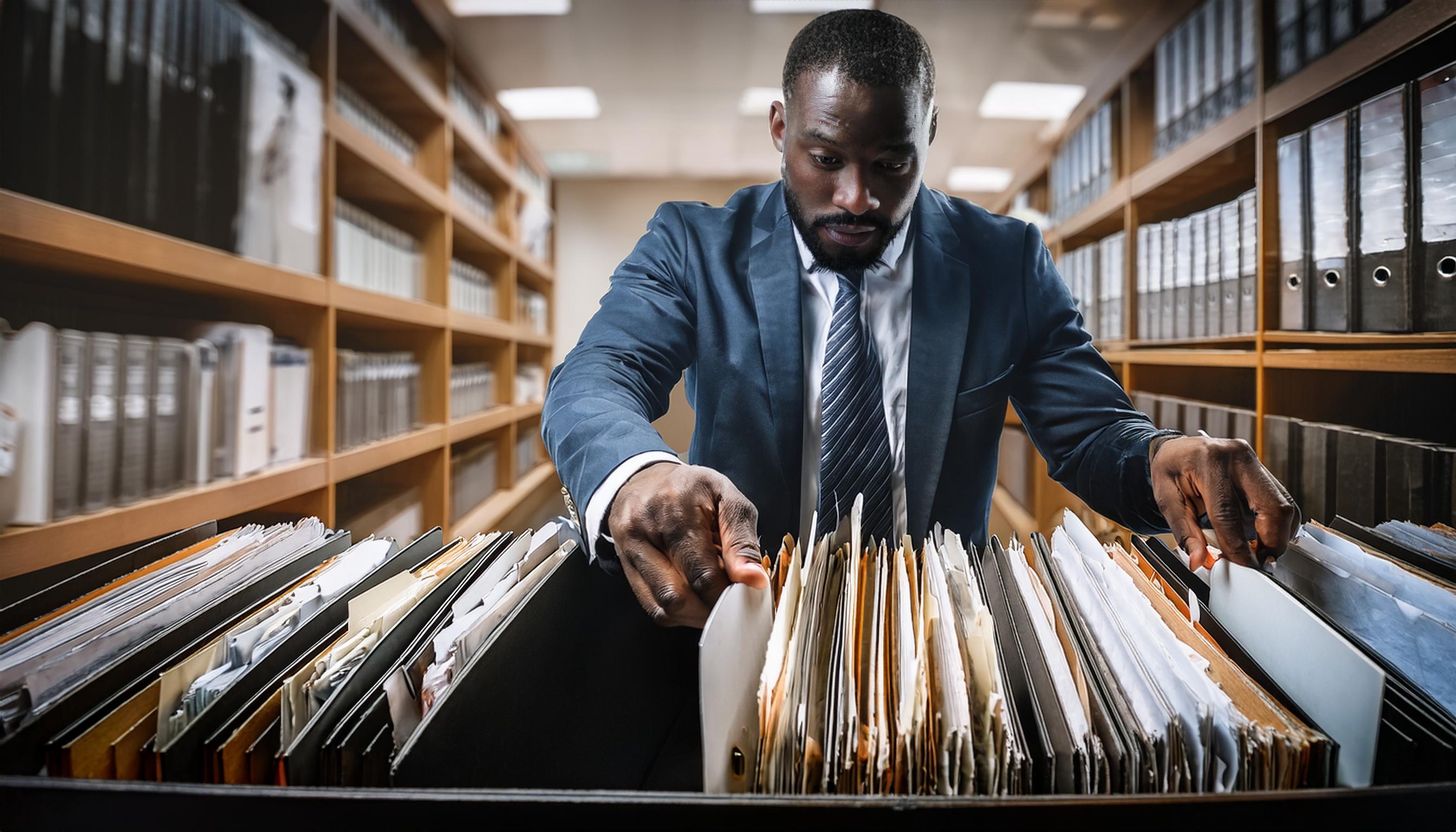 A man in a suit carefully sorts through files in a large filing cabinet, surrounded by rows of shelves filled with binders and documents in a well-lit office or archive.