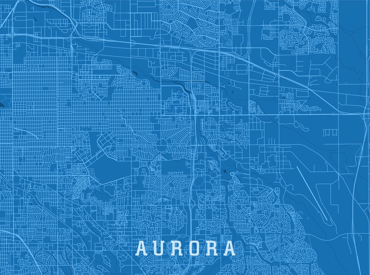Stylized vector street map of Aurora, Colorado, showcasing the city’s road network, neighborhoods, and urban layout in a detailed blue design.