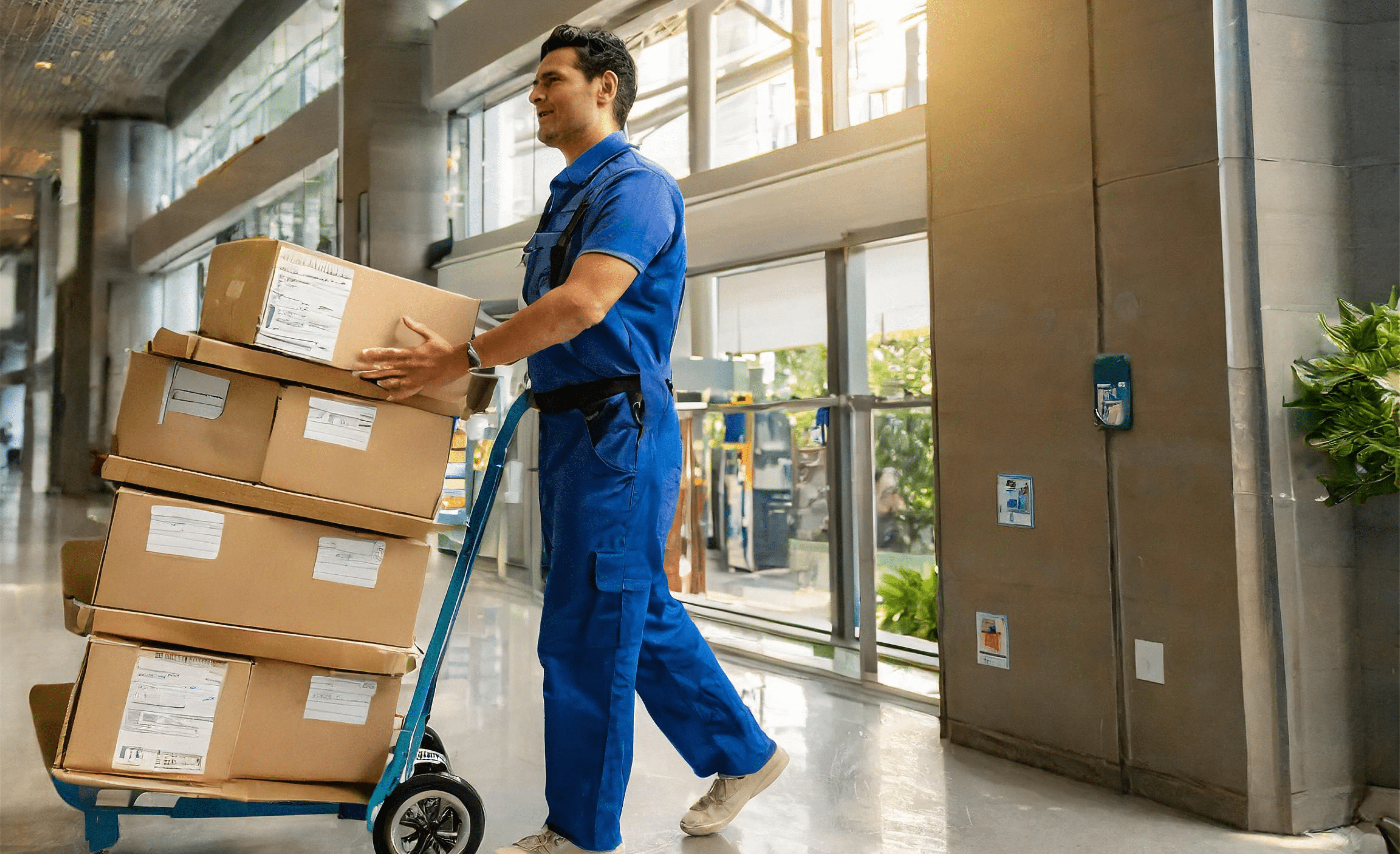 Delivery worker in blue uniform transporting stacked boxes on a hand truck in a modern building.