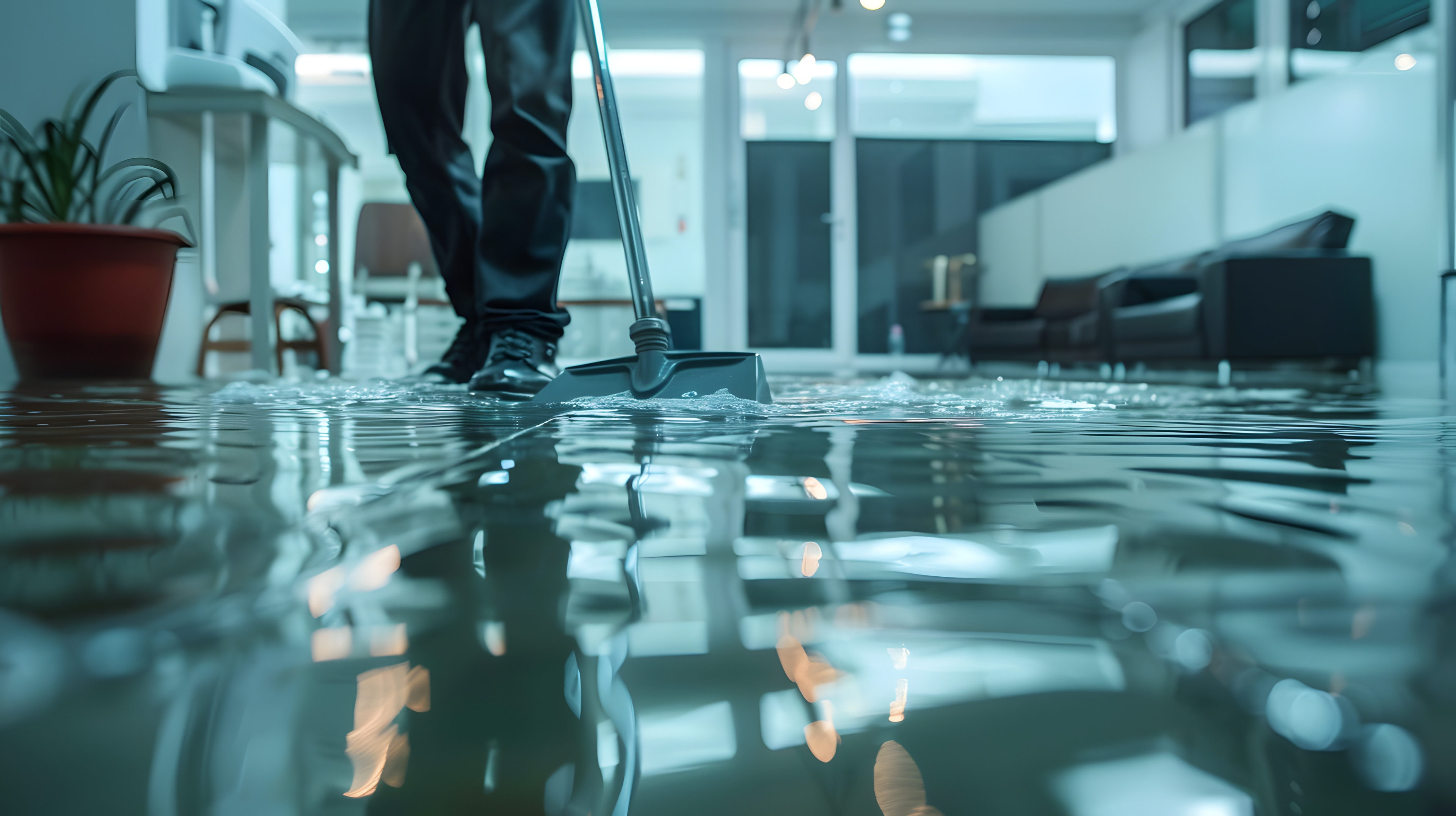 Person mopping water off a flooded office floor with furniture and plants visible in the background.