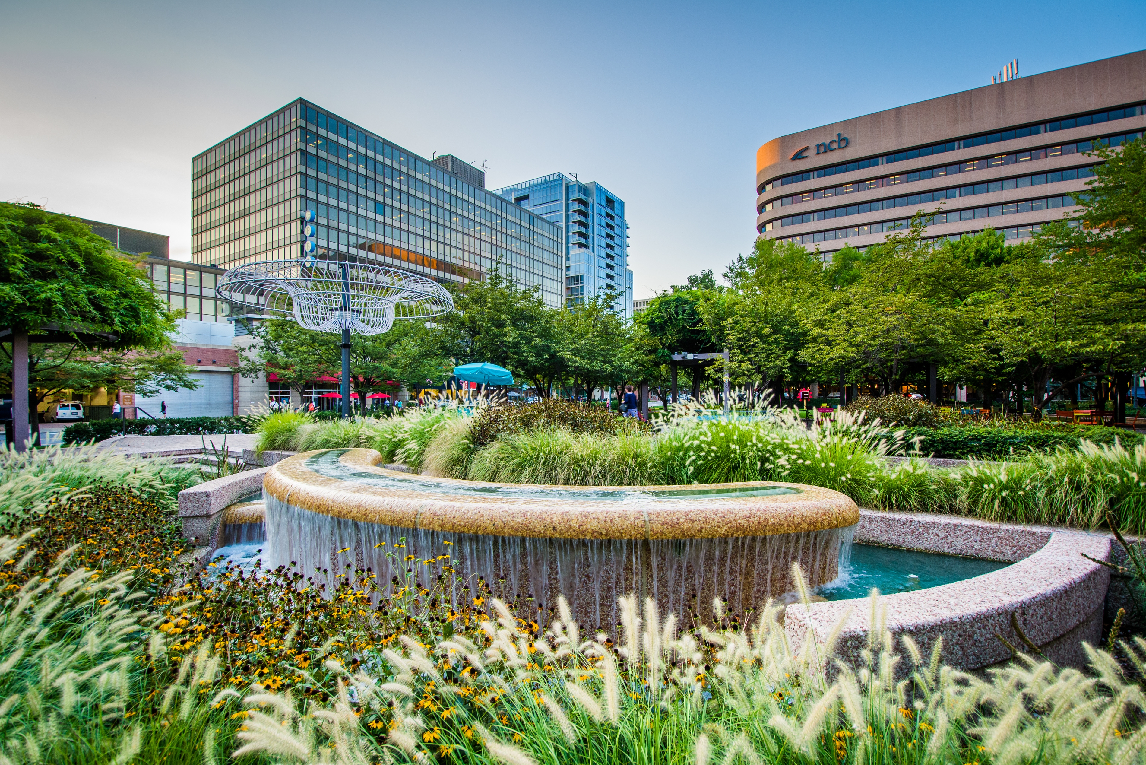 Fountains and modern buildings in Crystal City, Arlington, Virginia.