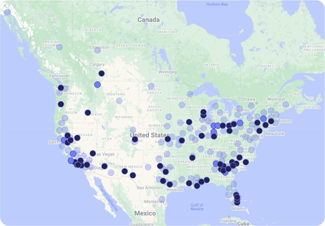 Map of the United States and southern Canada showing dense clusters of service provider locations marked by dots that represent the locations of Annex.com service providers for document storage and shredding. 