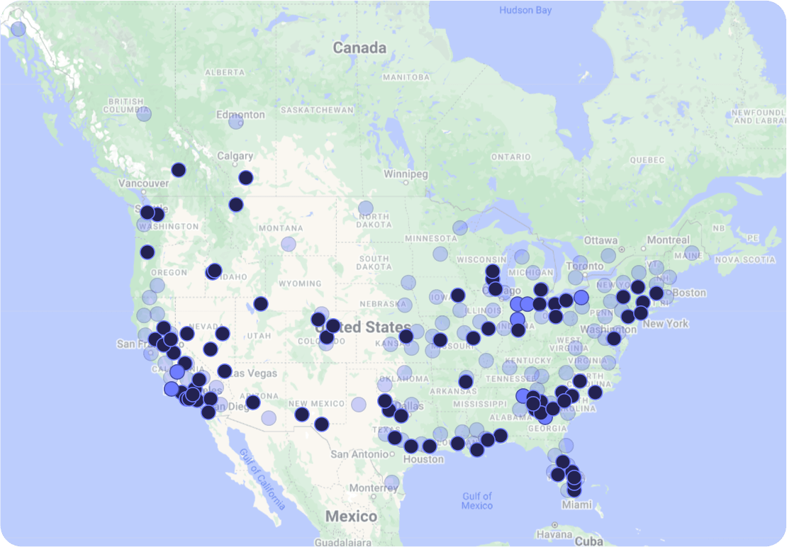 Map of the United States and southern Canada showing dense clusters of service provider locations marked by dots that represent the locations of Annex.com service providers for document storage and shredding. 