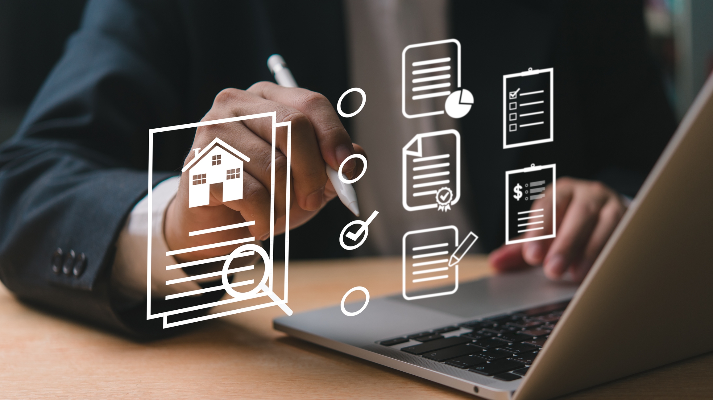 Close-up of a businessperson using a stylus and laptop with digital real estate icons overlayed, representing documents, checklists, contracts, and home ownership processes.