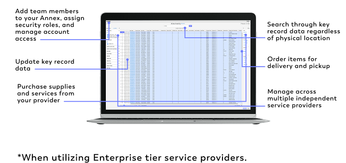Digital records management dashboard on laptop showing indexed inventory for streamlined archival control.
