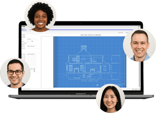 Remote team collaborating on digital architectural blueprint via Annex document management software.