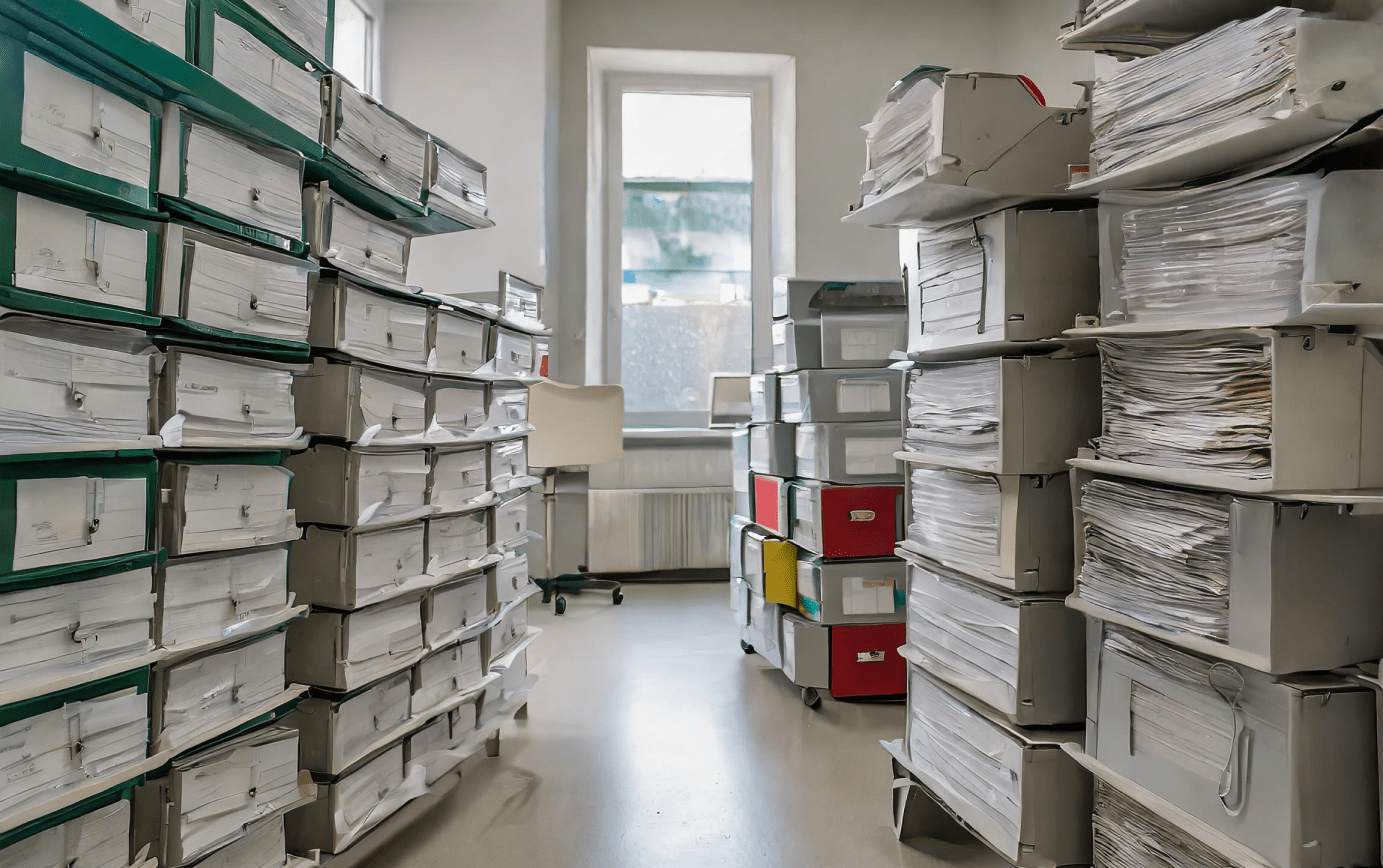 Room filled with stacks of document files organized in shelves and boxes, creating a cluttered yet systematic archive