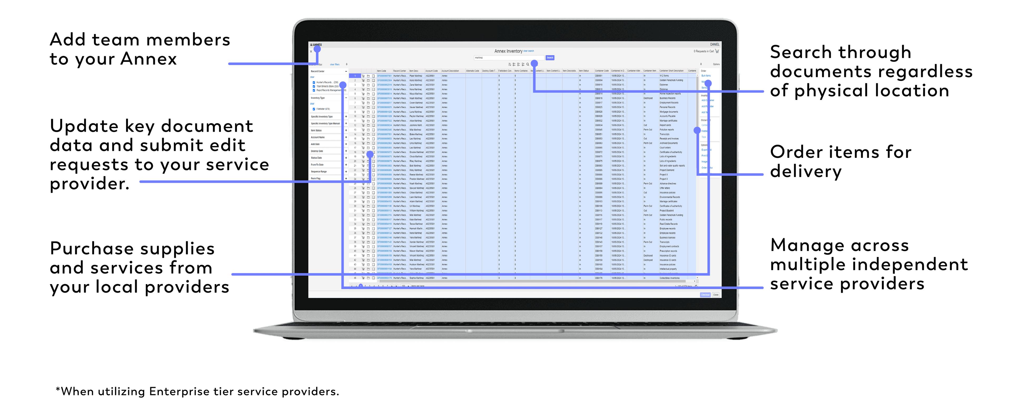 Digital records management dashboard on laptop showing indexed inventory for streamlined archival control.