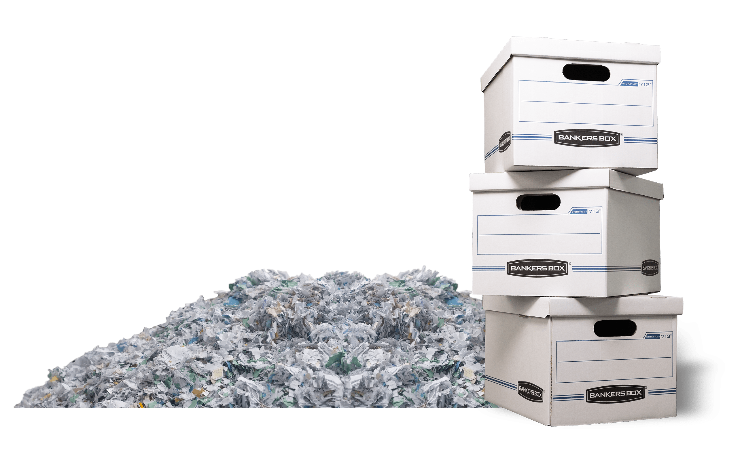 Bankers boxes with shredded paper for secure document disposal.