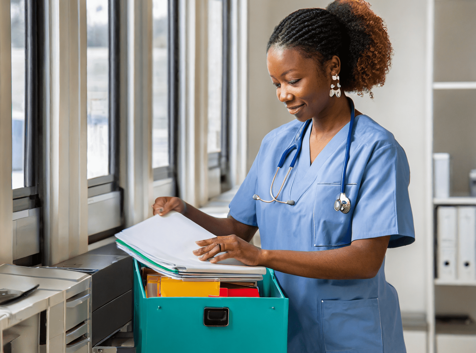 Healthcare worker in blue scrubs and stethoscope reviews files from a box in a well-lit room with large windows