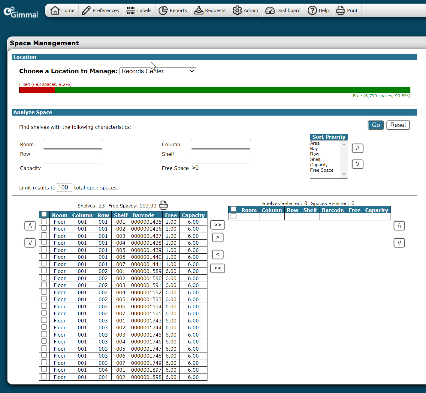 A screenshot of Gimmal’s Space Management software interface displaying a file room management dashboard. The interface includes options for selecting areas, rows, and shelves, with fields for entering capacity and free space. A table at the bottom shows a list of available spaces within the selected location.