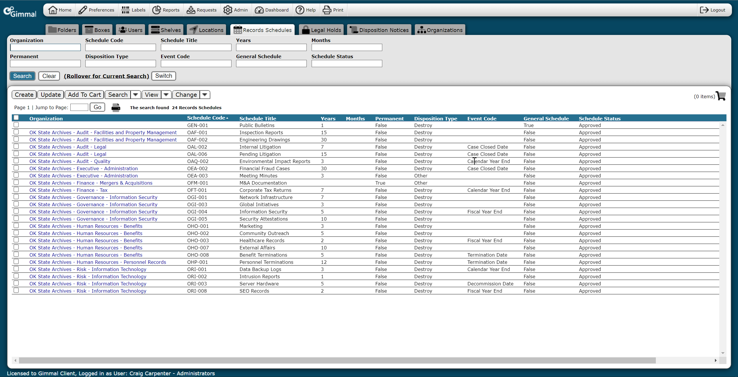 A screenshot of Gimmal’s records management software interface displaying a detailed list of records. The list includes columns for record description, item barcode, date, status, and location, with various filter options at the top. The navigation menu includes tabs for Records, Requests, and other management features.