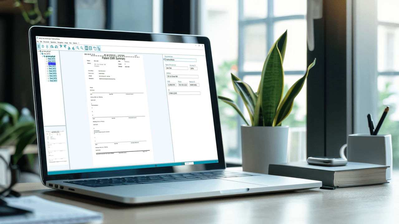 A laptop on a desk displaying a document management or accounting software interface. The screen shows a scanned document alongside options for metadata entry such as date, customer name, and description. Office items, including plants, a notebook, and a smartphone, are visible around the laptop.