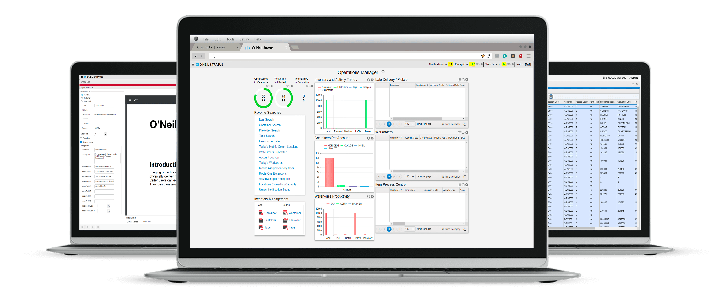 Three laptops displaying different screens of O'Neil Stratus software. The central laptop shows the Operations Manager dashboard with various metrics and data visualizations, while the other two laptops display different sections of the O'Neil Stratus platform, indicating a multi-functional records management system.