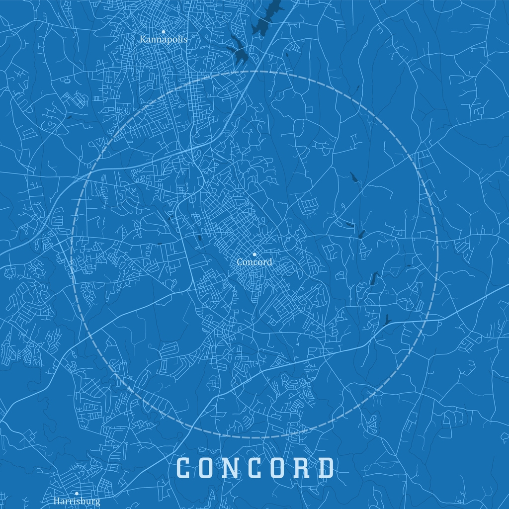 Artistic street map of Concord, North Carolina, showing road networks and nearby areas like Kannapolis and Harrisburg with a modern design overlay.