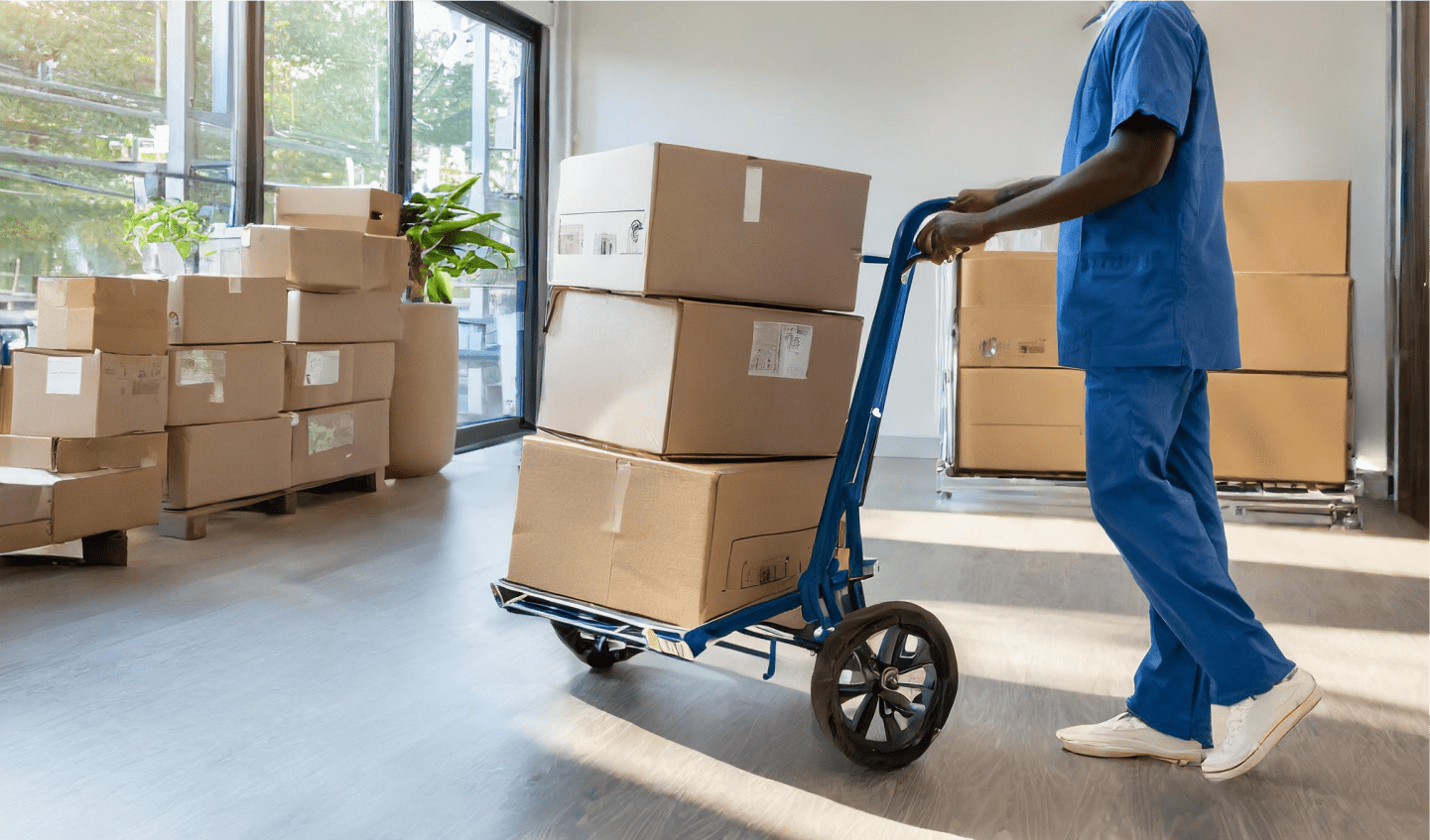 Worker in hospital scrubs transports large boxes on a hand truck in a room filled with other stacked boxes