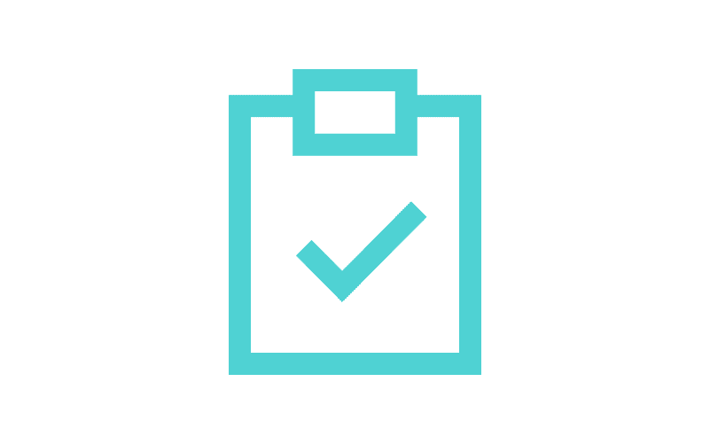 A turquoise icon of a clipboard with a checkmark, representing task completion, validation, or documentation.