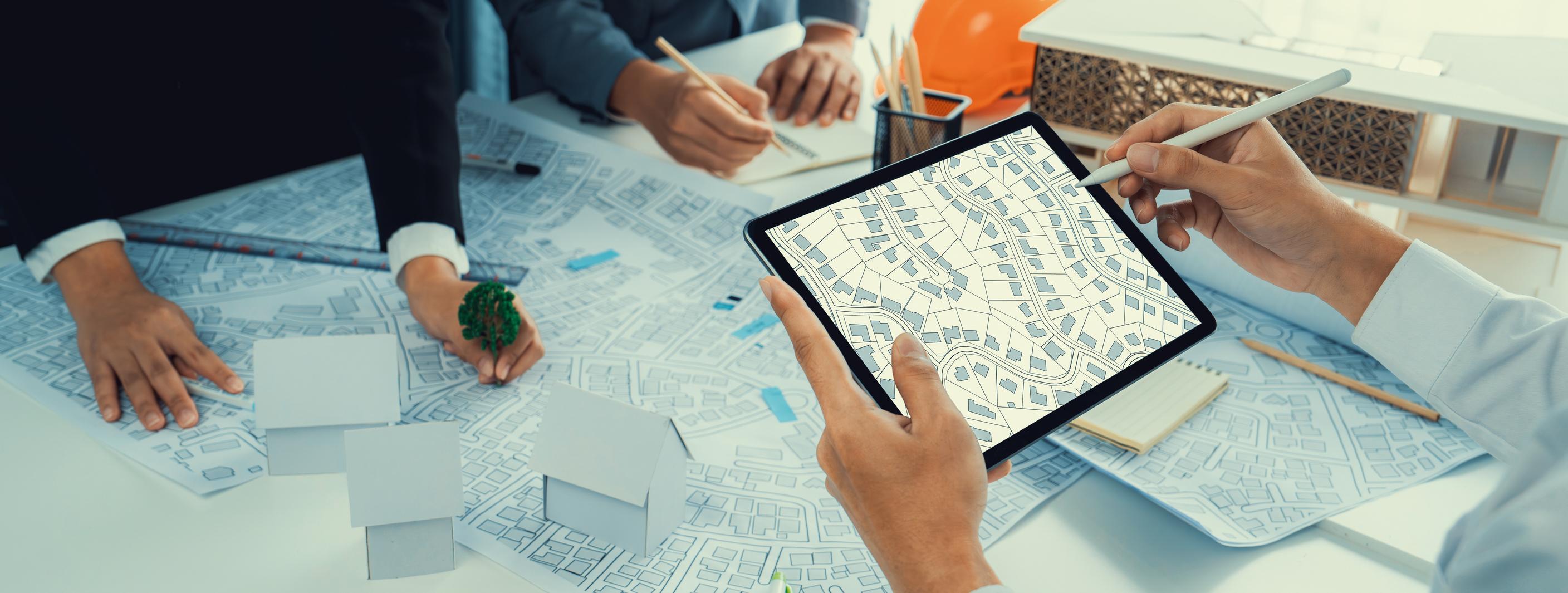 Group of real estate planners reviewing a digital zoning map on a tablet, surrounded by real estate documents, scale models, and planning tools during a design session.
