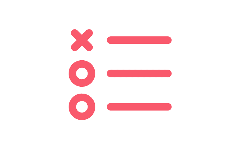 A red icon showing a checklist design with an X, an empty circle, and a filled circle next to three horizontal lines, symbolizing task options or status indicators.