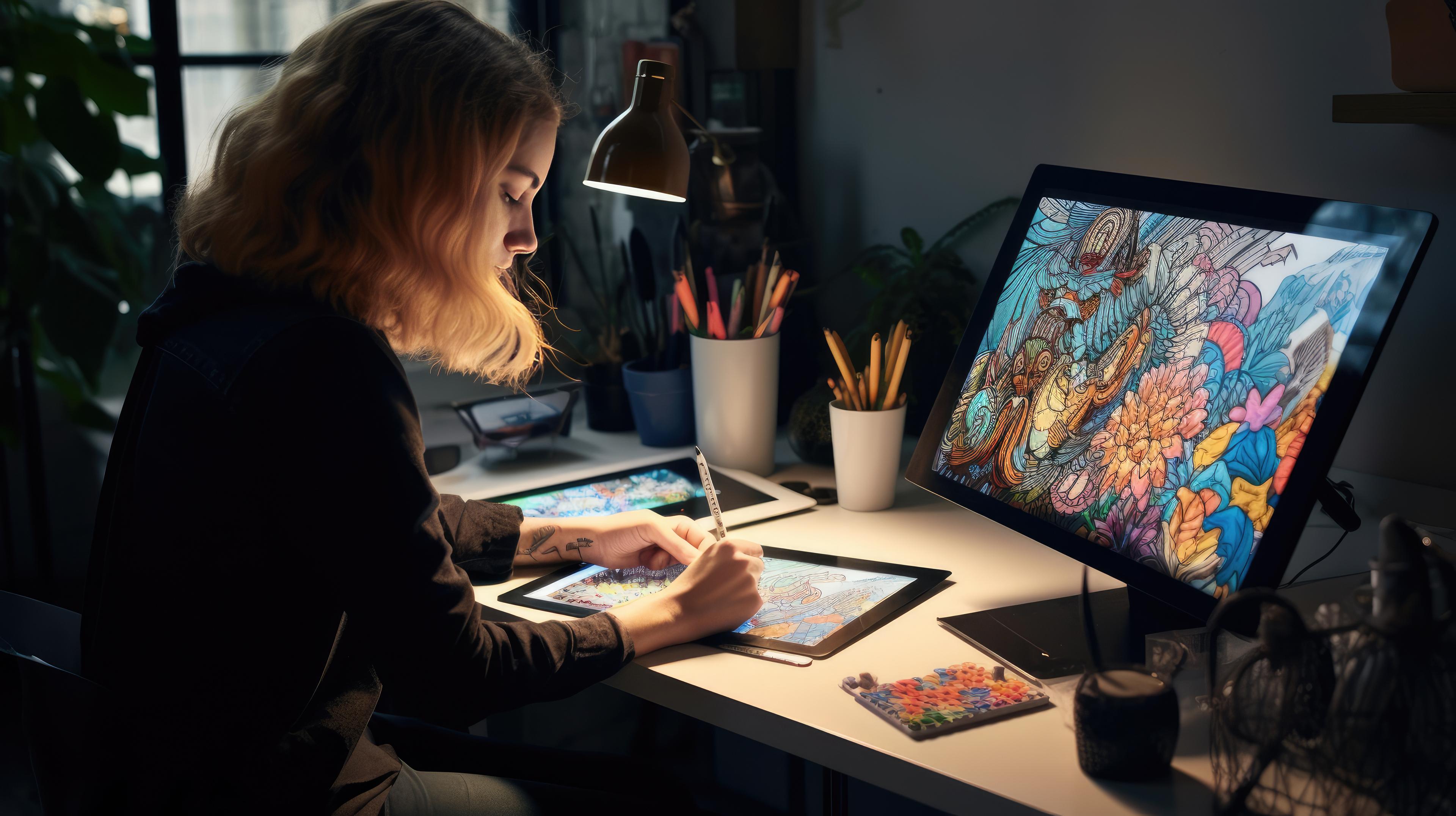 A digital artist working on a tablet, drawing intricate and colorful artwork displayed on both the tablet and a large monitor. The workspace is well-lit by a desk lamp, with art supplies and potted plants in the background, creating a creative and focused atmosphere.