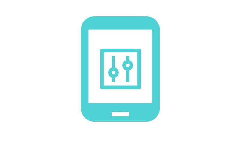 A teal  icon of a mobile device screen displaying control sliders, symbolizing mobile device management or customizable settings.