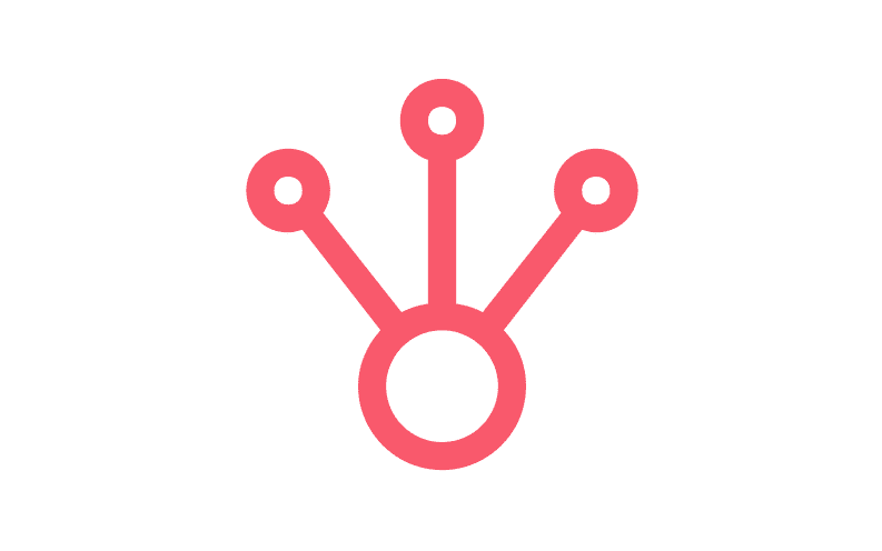 A red icon symbolizing a network or distribution, featuring a central circle connected to three smaller circles by straight lines, forming a branching pattern.