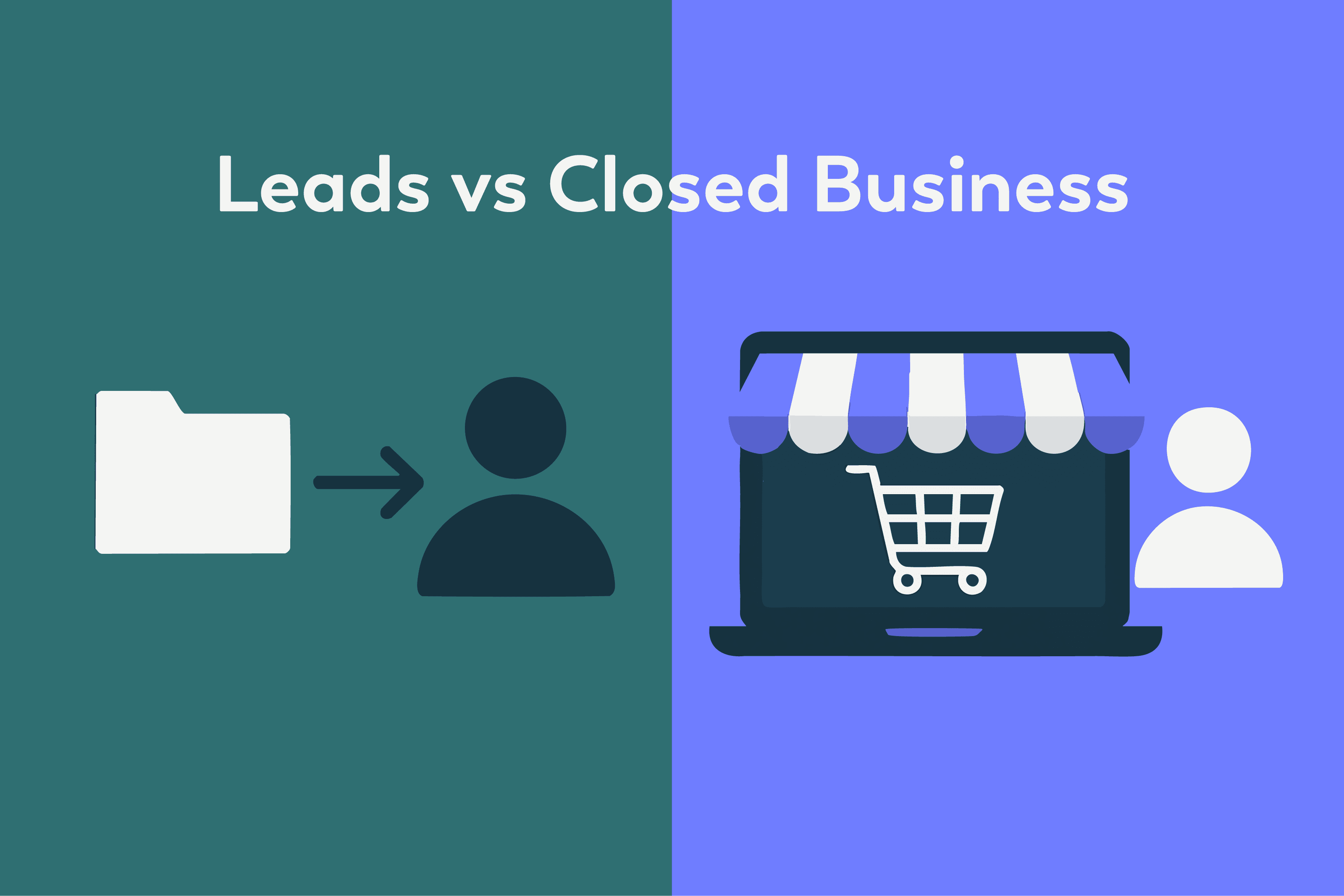 Split graphic showing the difference between leads and closed business, with folder and person icons on one side and an online shopping cart with customer icon on the other.