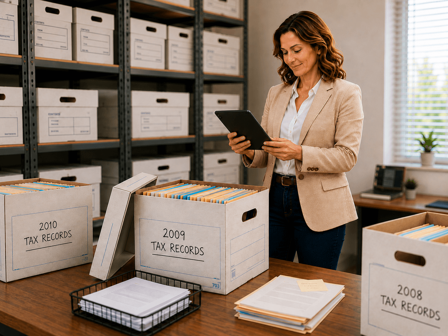 Records manager using a tablet to review and organize labeled tax record boxes in a records storage room with shelving and file folders.