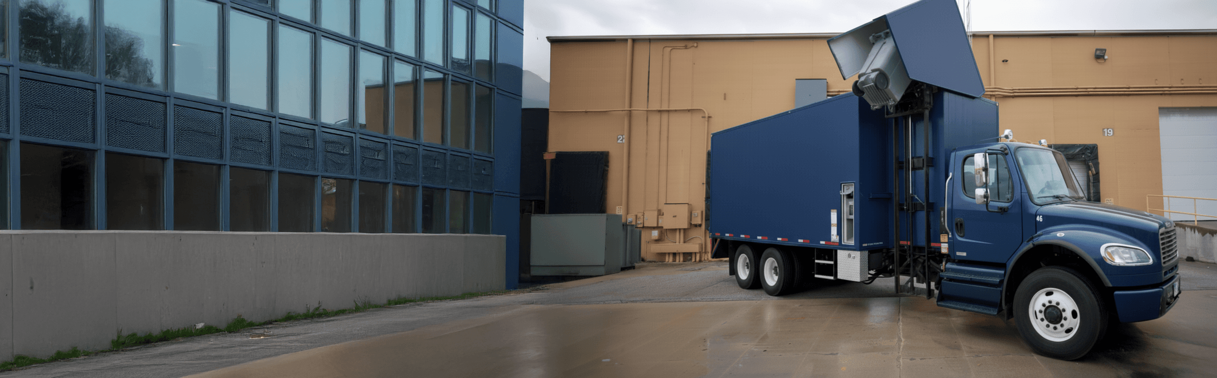 Mobile shredding truck parked outside a commercial building, with its shredding chute extended and ready for secure document destruction.