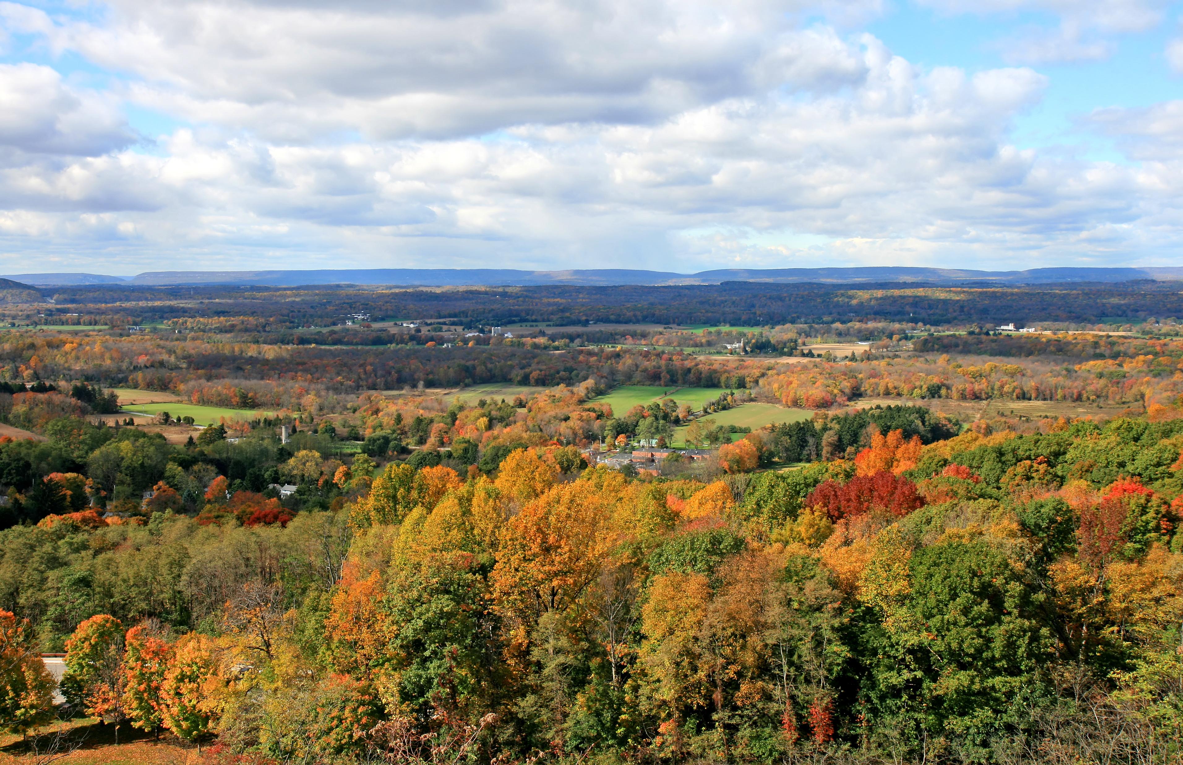 A scenic view of Hillside, New Jersey, featuring rolling fields, colorful autumn trees, and scattered homes under a partly cloudy sky. The vibrant fall foliage creates a patchwork of red, orange, yellow, and green across the landscape.