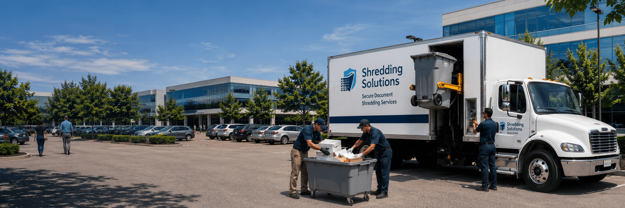 Mobile shredding truck providing on-site document destruction service in a corporate office parking lot, with workers loading paper documents into a secure shredding bin.