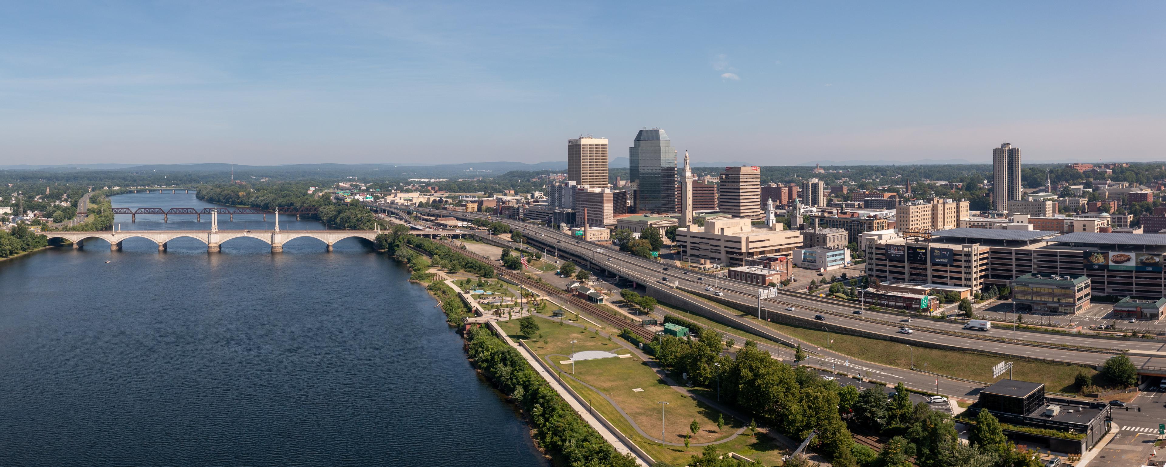 Skyline of Springfield, Massachusetts, including the Connecticut River and several bridges. 