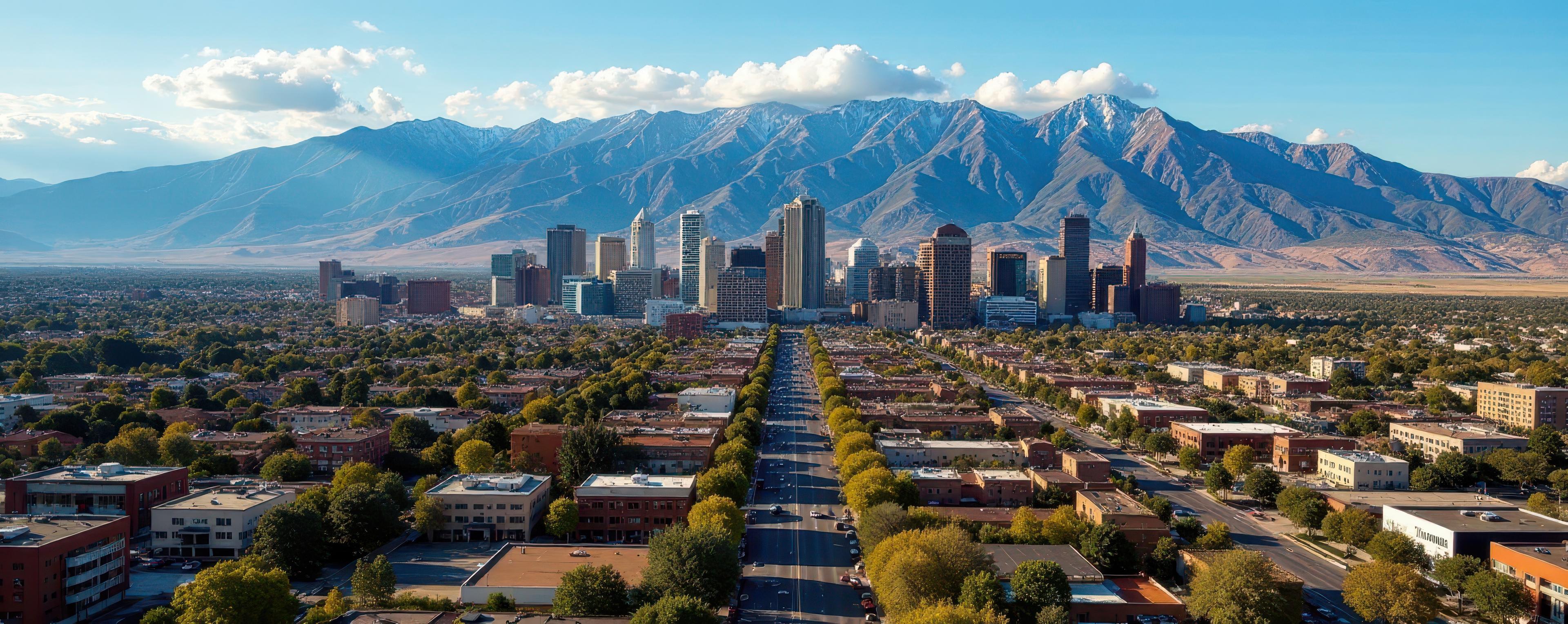 Panoramic view of Salt Lake City skyline framed by the Wasatch Mountains, showcasing the city’s urban landscape and grid layout under a bright blue sky.