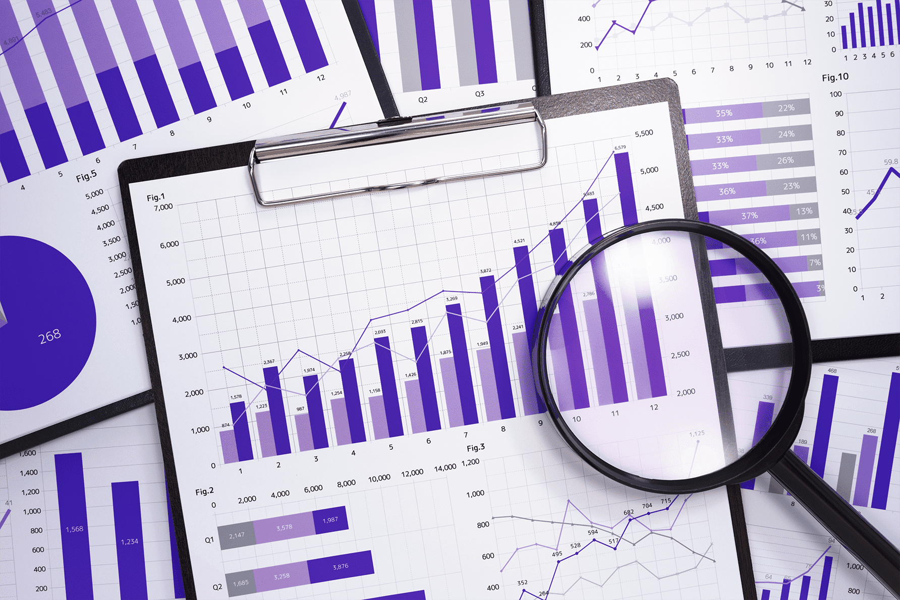 Close-up of various purple-toned business charts, graphs, and bar diagrams on paper with a magnifying glass and clipboard, representing data analysis and reporting.