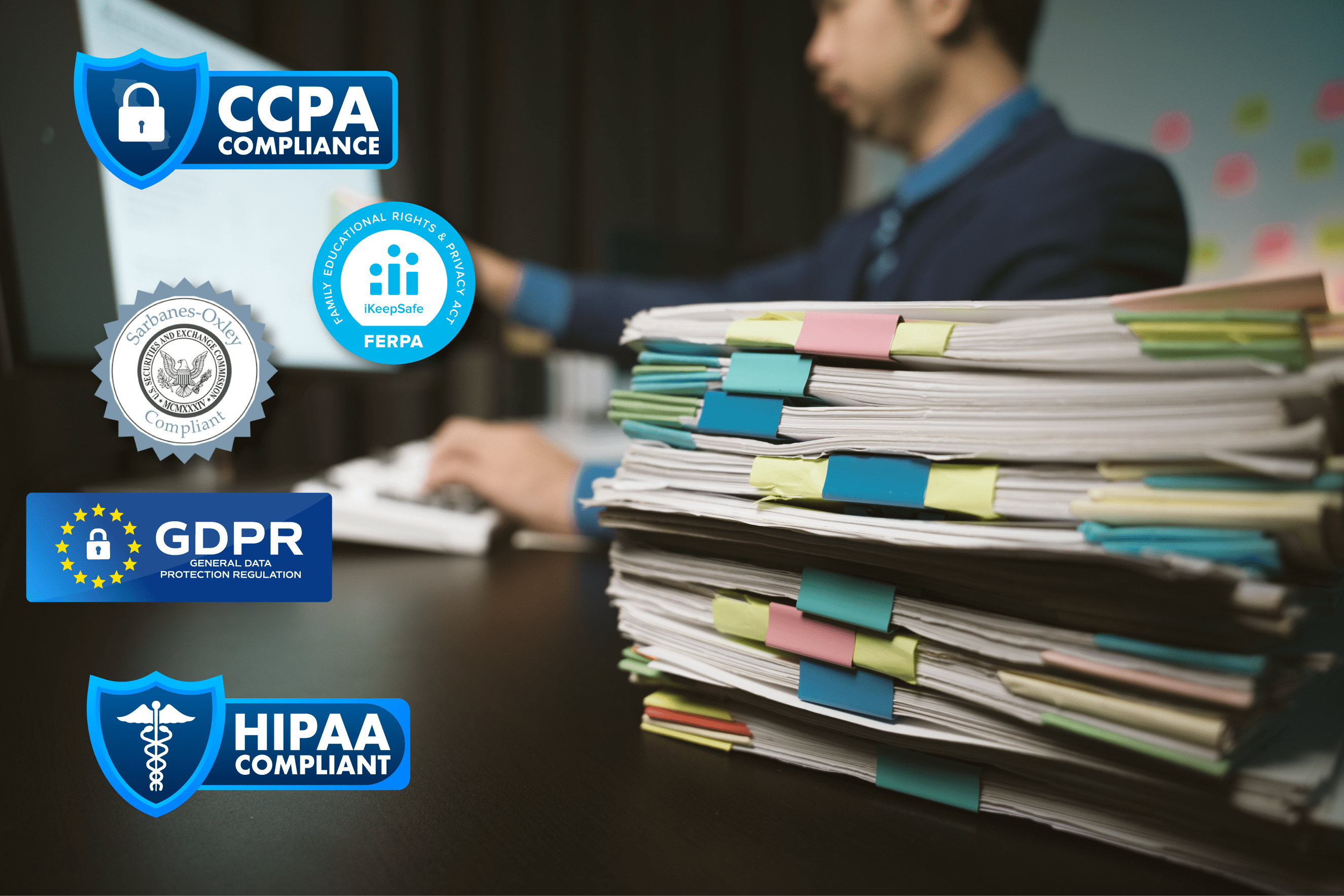 A stack of organized files with colorful tabs in the foreground, symbolizing meticulous records management. Compliance badges for CCPA, GDPR, HIPAA, FERPA, and Sarbanes-Oxley are prominently displayed, while a professional works on a computer in the blurred background, emphasizing data security and regulatory adherence.