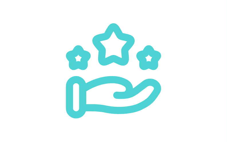 A teal icon depicting an open hand supporting three stars, symbolizing quality, support, or customer satisfaction.