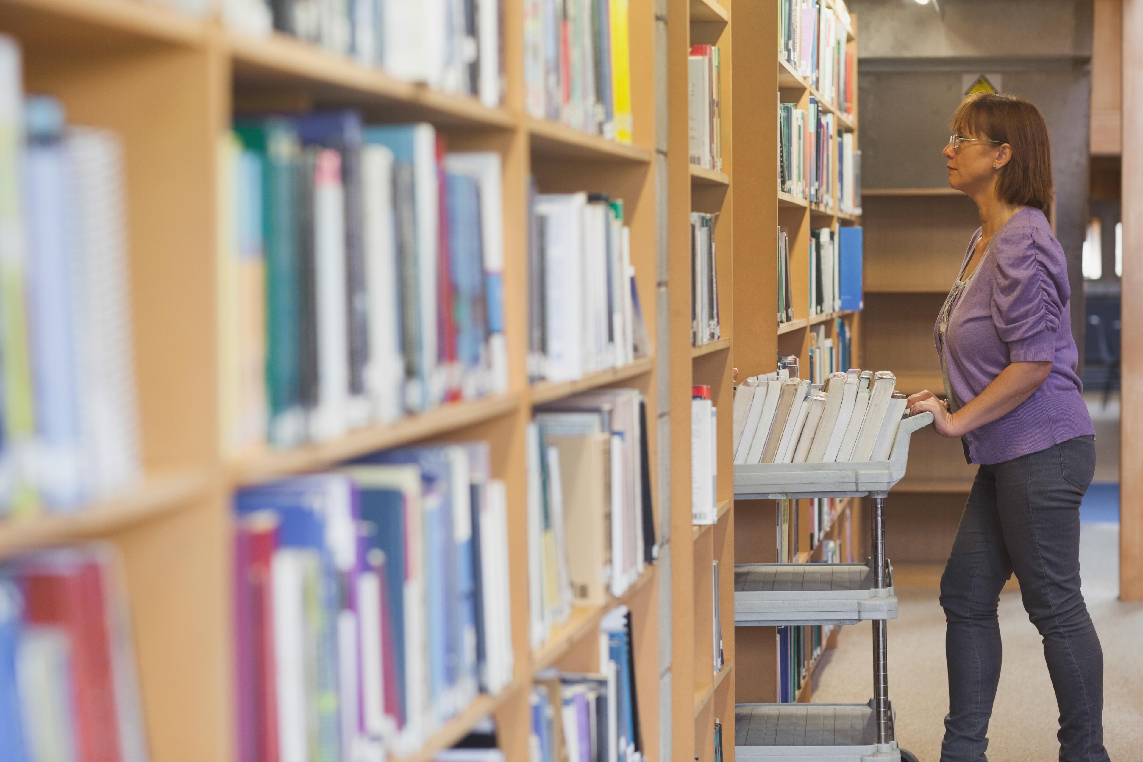 Librarian shelving books from a cart in a quiet library aisle, surrounded by tall wooden bookshelves filled with colorful spines.
