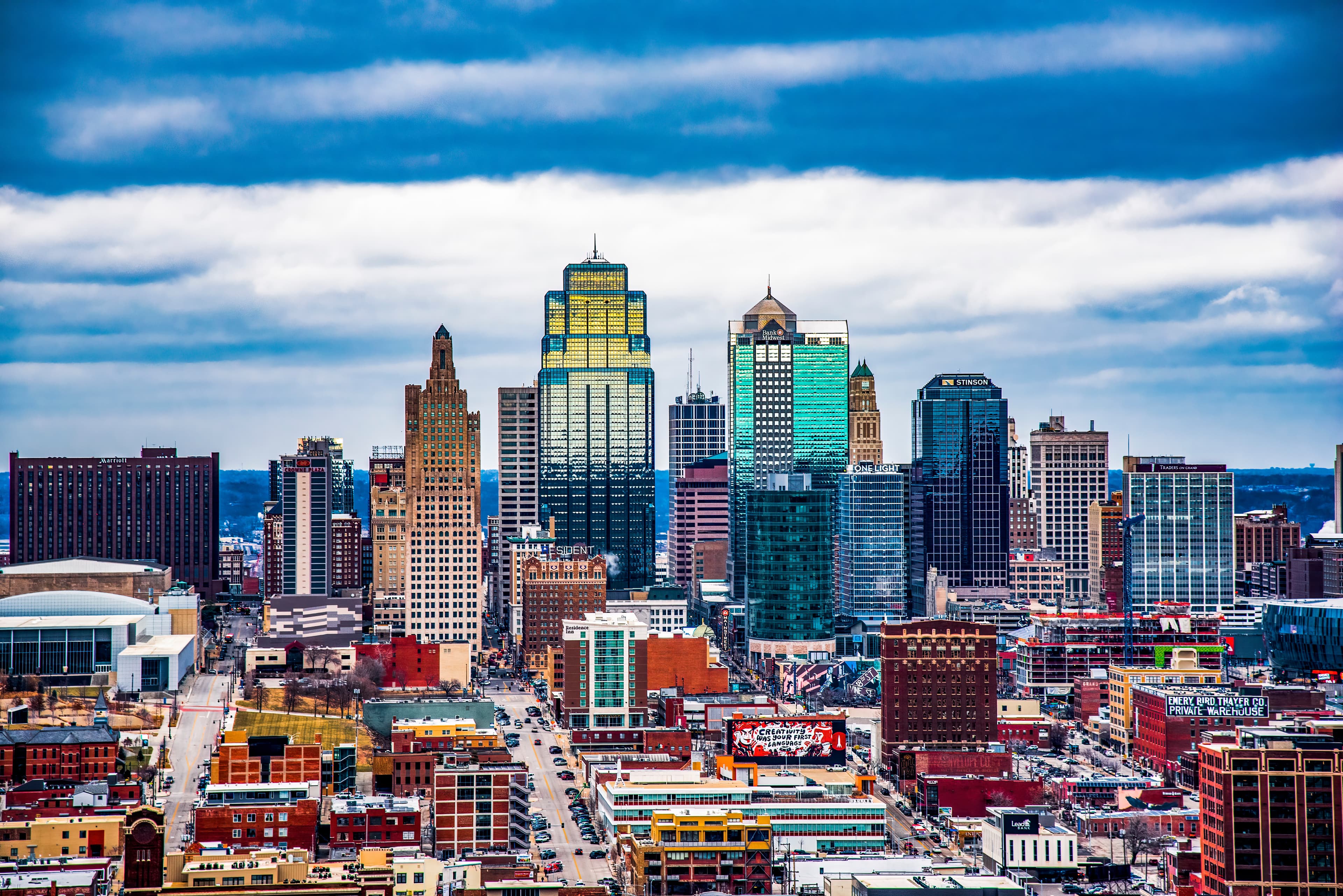 Downtown Kansas City, Missouri skyline featuring office towers, commercial buildings, and the central business district.