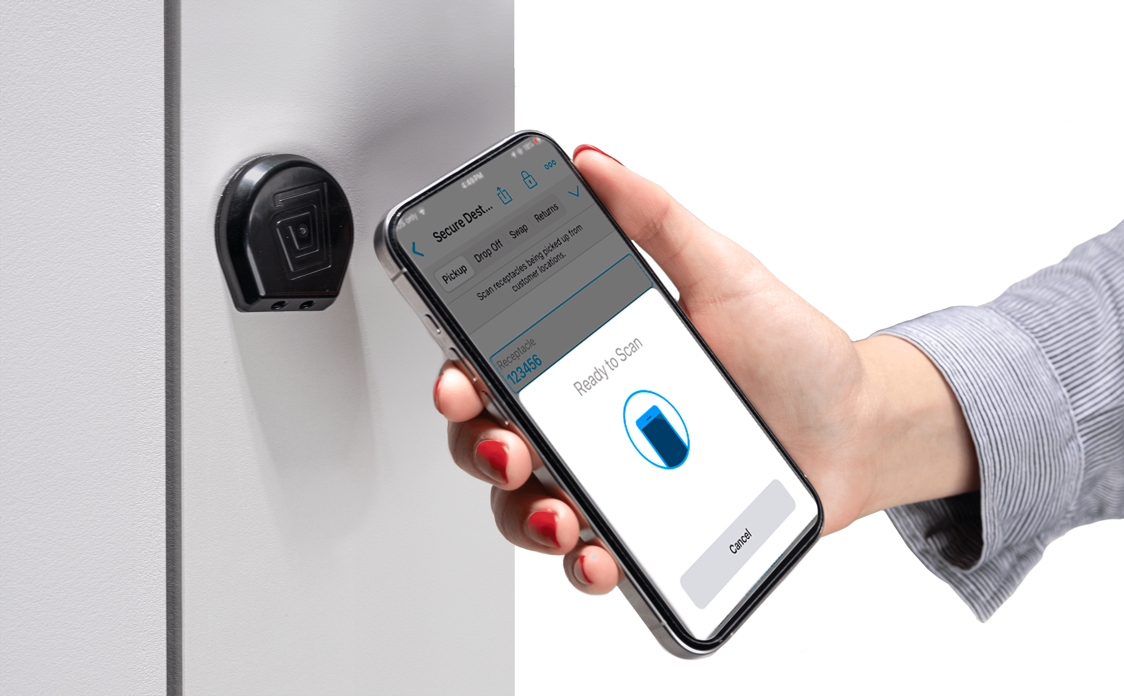 A person holding a smartphone with a scanning app open, ready to scan a secure disposal bin. The screen shows the option to scan for a pickup or drop-off, highlighting a digital interface for managing secure document disposal.